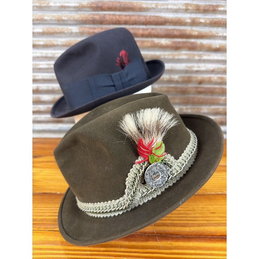 Dobbs Wool Felt Black Fedora & Berg Brown Suede Fedora Hats Lot 2X Oktoberfest